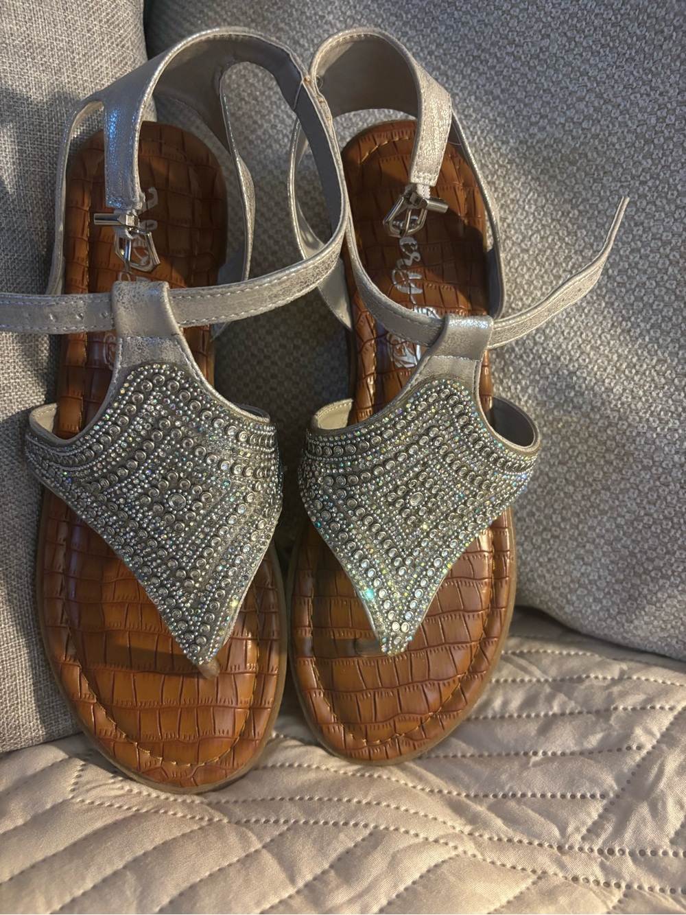 Embellished Silver T-Strap Women's Sandals